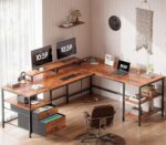 66” L Shaped Desk with Power Outlet, Reversible Home Office Desk with File Drawer, 2 Monitor Stands, Storage Shelves, Corner Computer Table for Gaming, Writing, Rustic Brown - Image 2