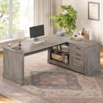 Executive Desk, 61" Farmhouse L Shaped Desk with File Drawers, Office Desk with Drawers and Power Outlets, Computer Desk with Storage Shelves for Home Office, Grey