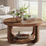 Round Coffee Table, 2-Tier Circle Coffee Table with Storage, Modern Wooden Accent Center Table for Living Room, Thick Tabletop & Base, Dark Brown