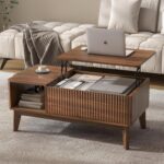 Fluted Lift Top Coffee Table with Storage, Modern Coffee Table for Living Room, Home Office（Walnut）