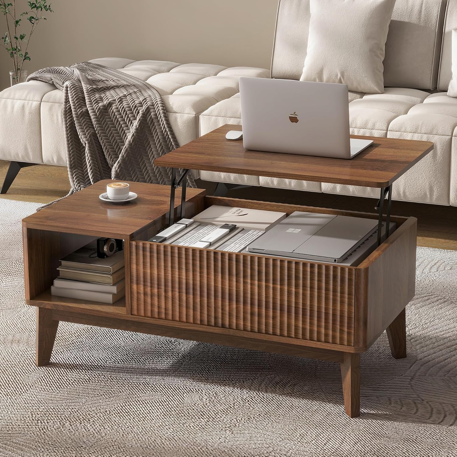 91IP87Z3NwL._AC_SL1500_.jpg Fluted Lift Top Coffee Table with Storage, Modern Coffee Table for Living Room, Home Office(Walnut) - Image 1