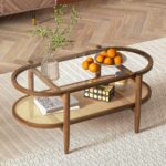 Rattan Coffee Table, 2-Tier Oval Acacia Wood Tea Table w/Tempered Glass Tabletop & PE Rattan Storage Shelf, Boho Cocktail Tables, Mid Century Modern Center Table for Living Room Office, Brown