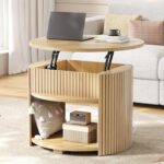 Round Lift Top Coffee Table with Storage, Fluted Mid-Century Modern Coffee Tables for Living Room, with Hidden Compartment & Open Shelves, for Small Spaces & Home Office(26.77" Oak)