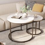 Round Nesting Coffee Table Side Table Set of 2 End Tables for Living Room Bedroom Balcony, White Faux Marble Wooden Table Accent Coffee Table with Black Steel Frame - Image 2
