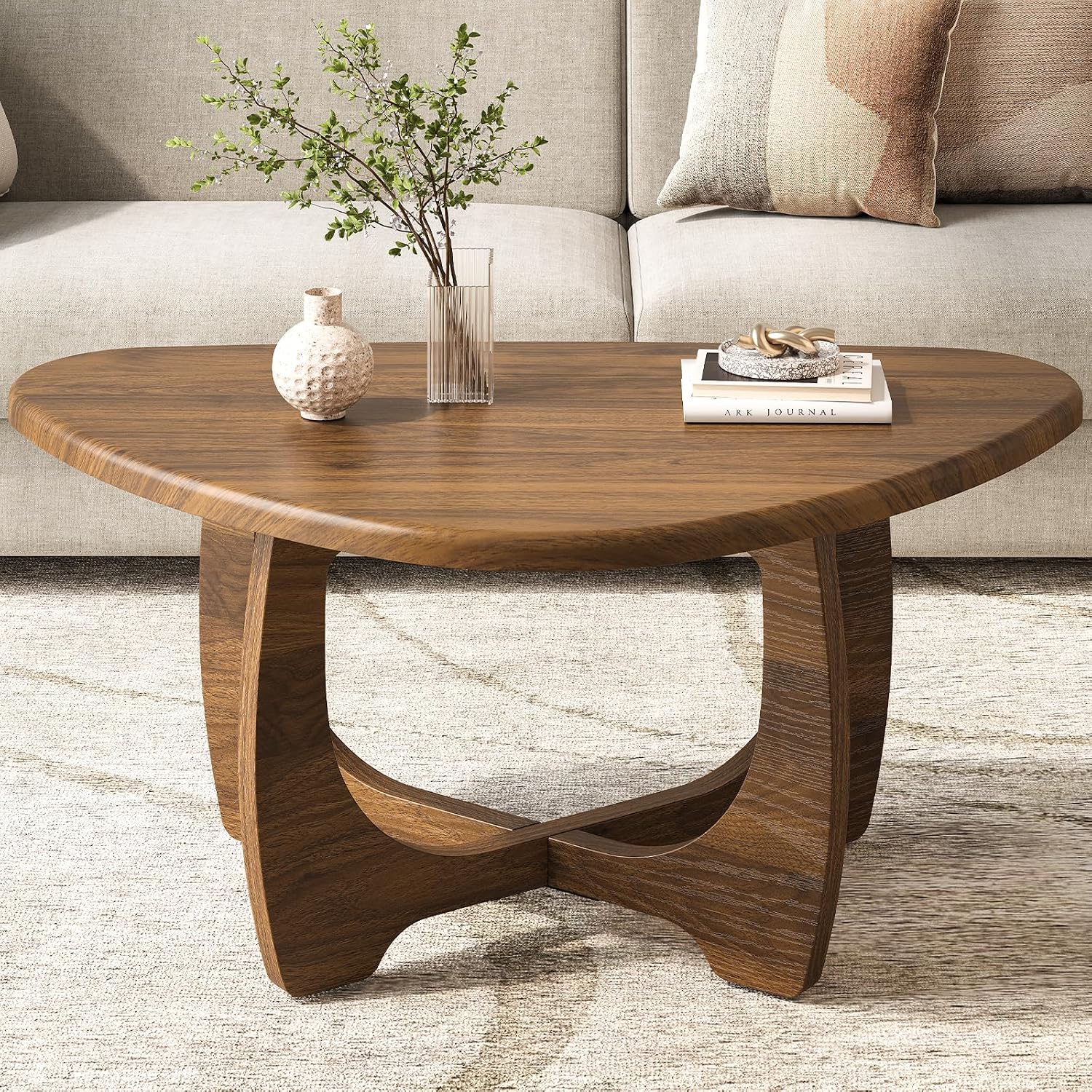 91m4QW4gm-L._AC_SL1500_.jpg Coffee Table for Living Room - Mid Century Modern Coffee Tables with Triangle Top, Unique Small Round Coffee Table, Wood Oval Tea Table with Solid Legs for Bedroom, 35.8"x 22.5" x 16.2" Walnut - Image 1